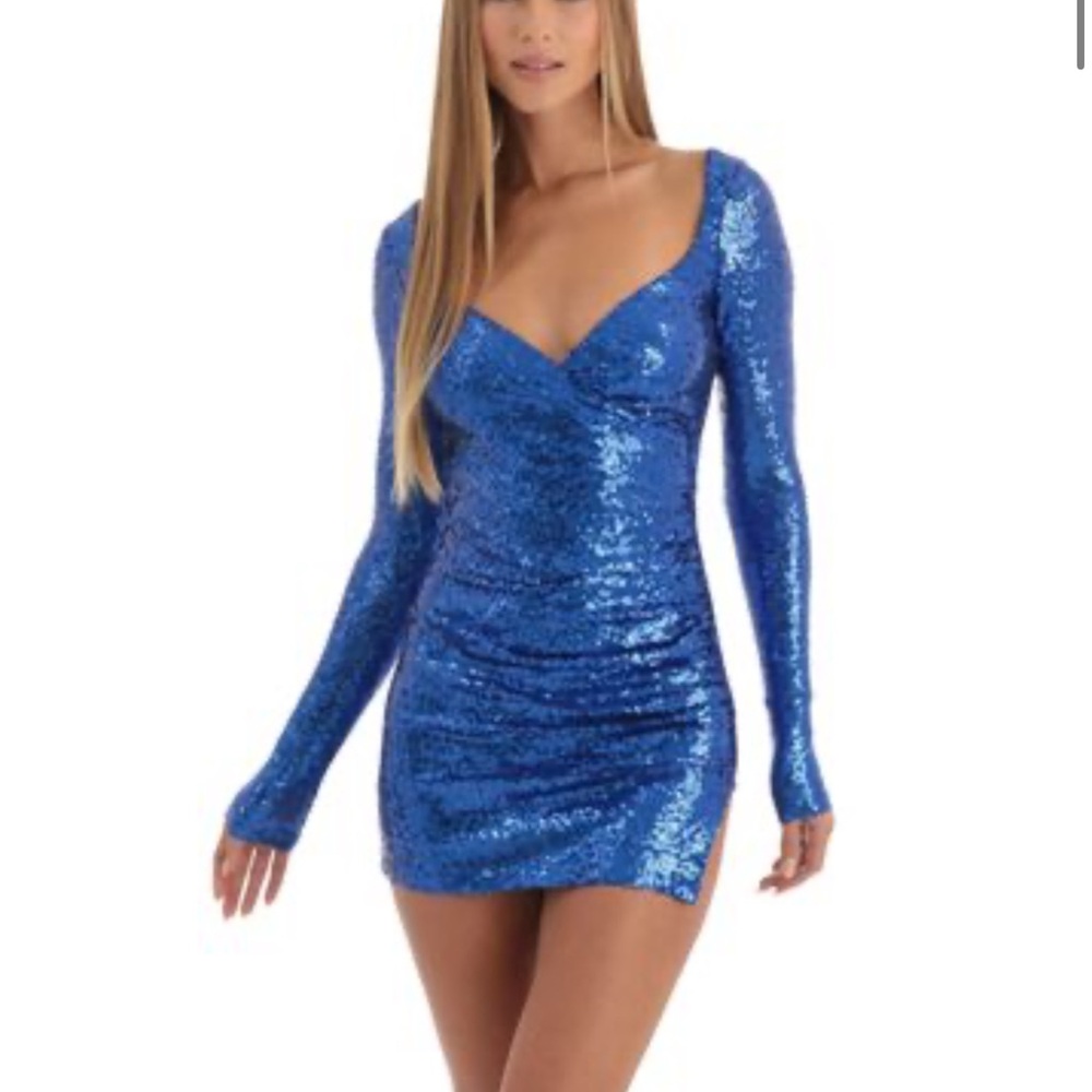 Anahi Sequin Long Sleeve Dress in Blue